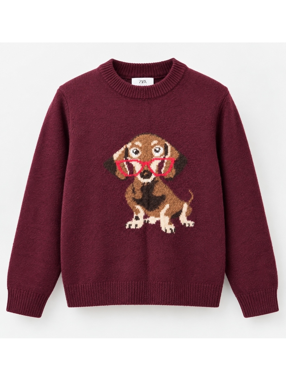 ZARA Kids Embroidered Dog Glasses Knit Sweater Burgundy 13-14Y 164cm